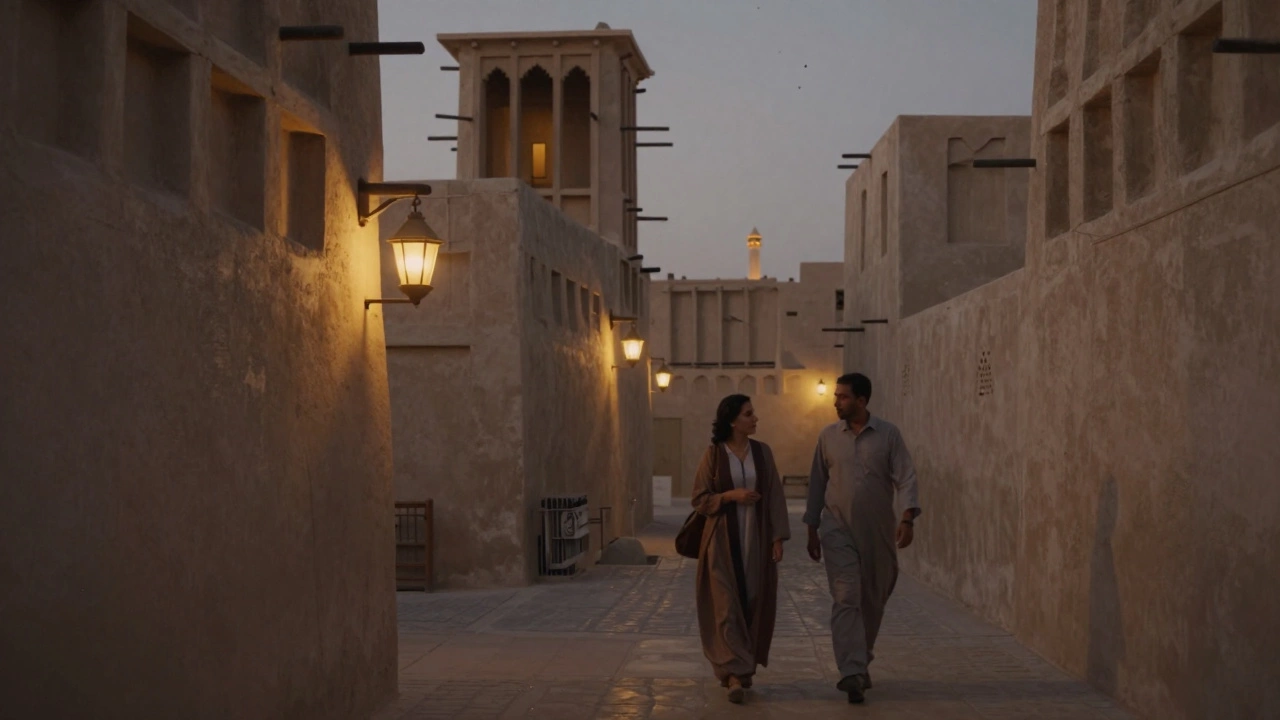 A woman walks quietly through ancient Dubai alleys at dusk, lantern light casting warm shadows.