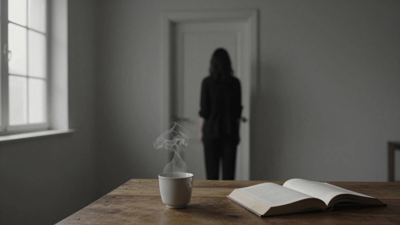 An empty room with a steaming cup and open book, a woman’s silhouette near a closed door.
