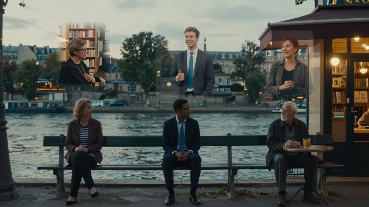 Three individuals in Paris find quiet moments of human connection in solitude, illuminated by twilight.